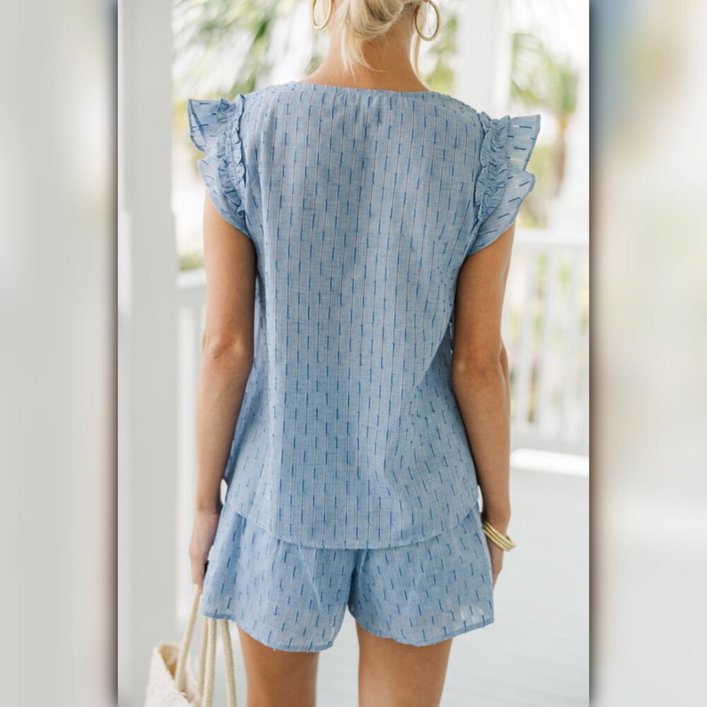 * A475 • Blue Ruffle Flutter Sleeve Top & Short Set - Picture 3 of 11